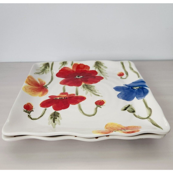 Set of 2 Floral Wavy Square 11" Dinner /Multipurpose Ceramic Plates by Maxcera - Picture 1 of 8